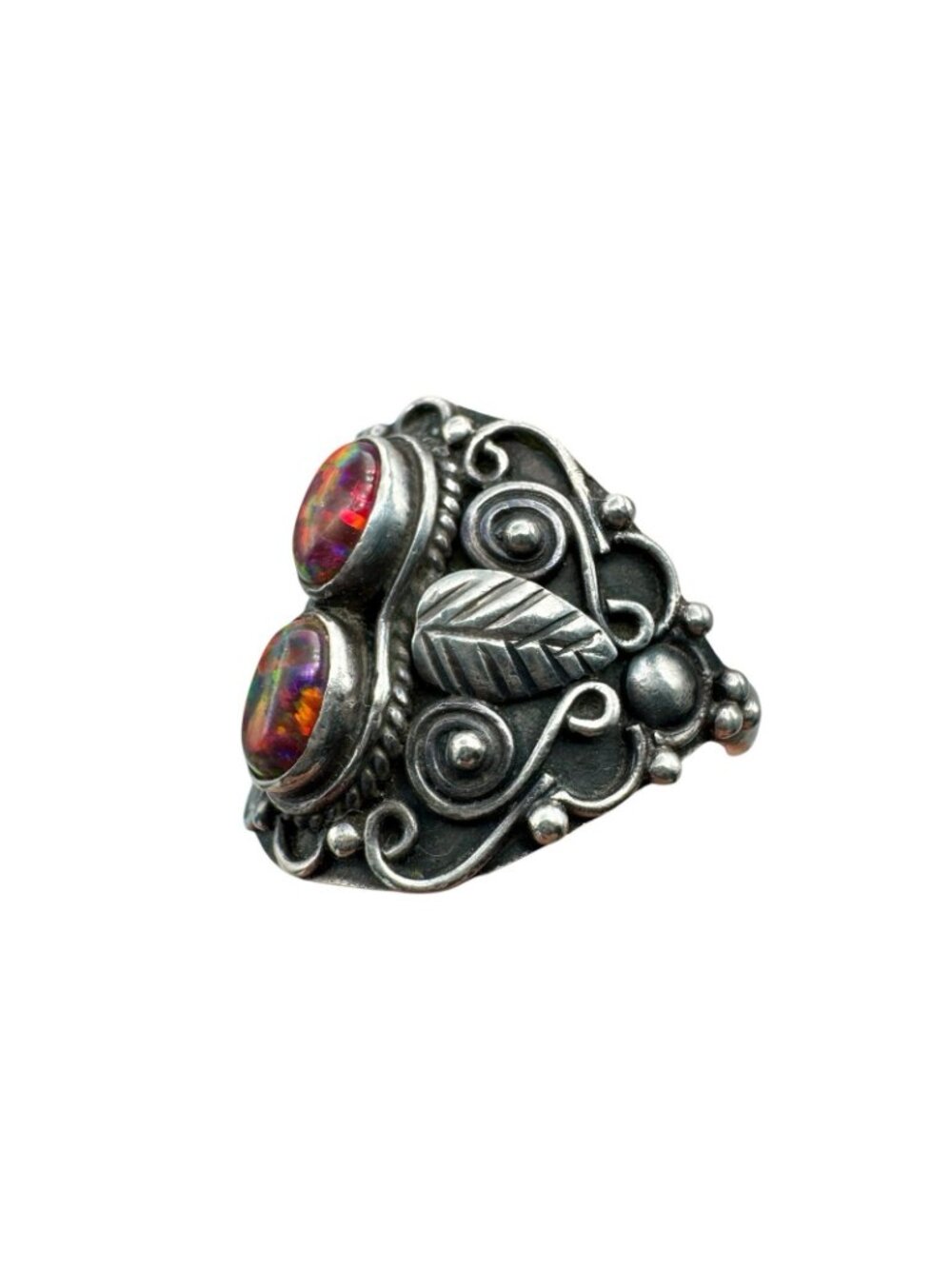 Vintage Sterling Silver Double Opal Ring Southwestern Ornate Setting Sz 8.25 - Picture 2 of 16